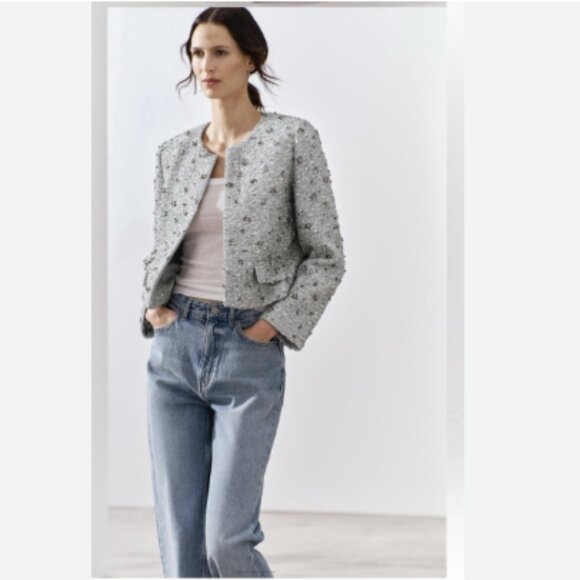 NWT Zara ZW Collection Sequin Jacket Silver SS24 2885/152 blogger